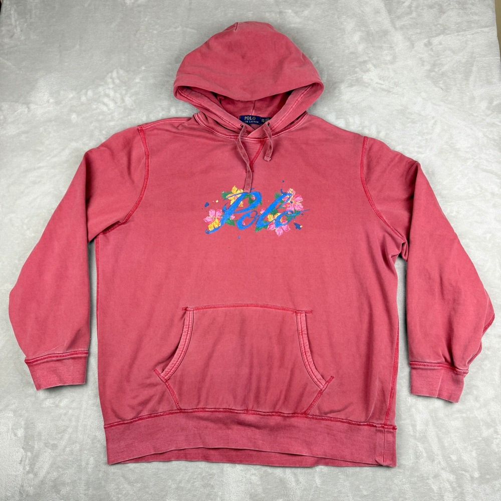 Polo Ralph Lauren Hoodie Men XXL Salmon Floral Graphic Print Pullover Sweatshirt